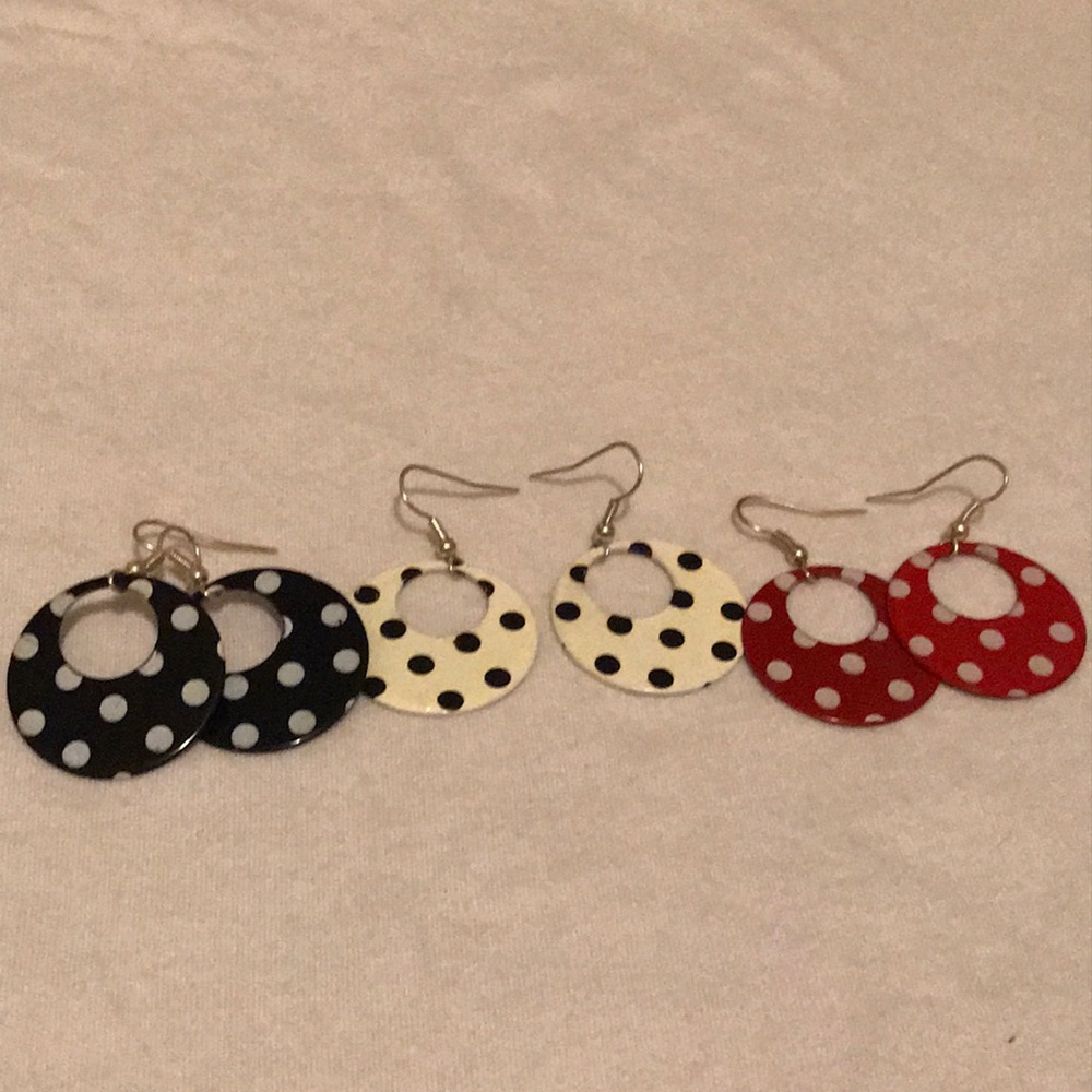 Red, black, and white polka dot earrings